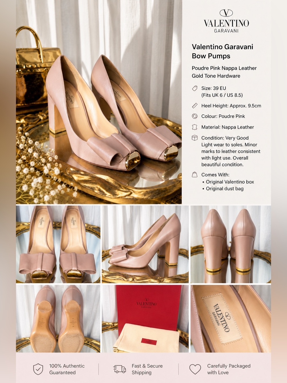 Valentino Garavani Pink Leather Bow Pointed Toe Slip On Pumps EU 39 US 8.5